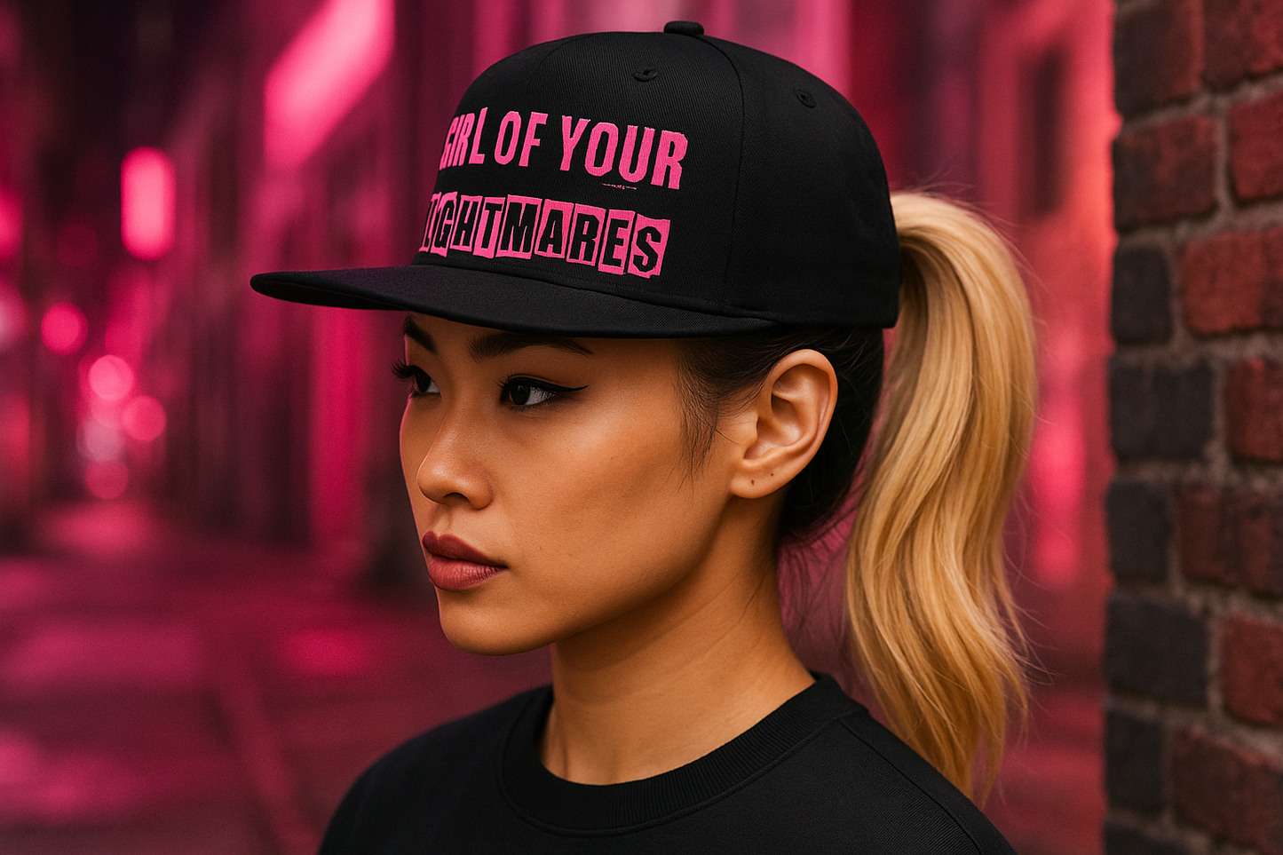 Asian Blonde with Pink Snapback and Ponytail