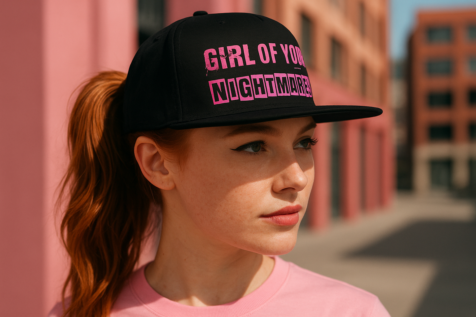 Redhead with Pink Snapback and Ponytail